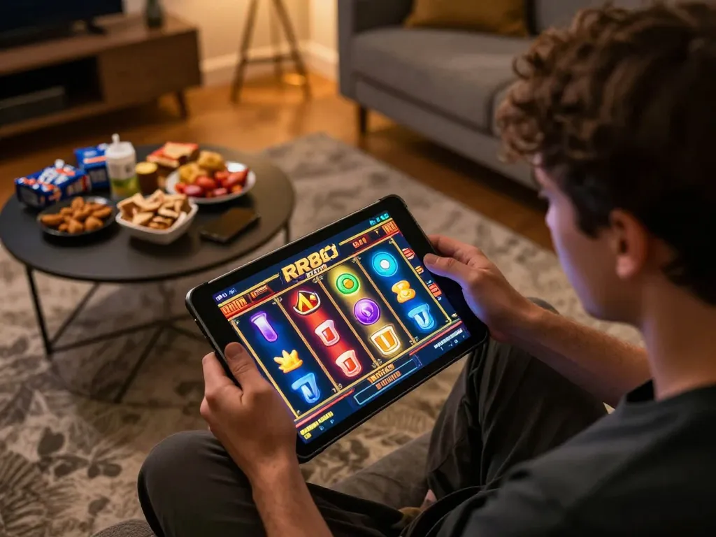 Player enjoying RR88 KJC slot game on tablet in cozy home environment while strategizing
