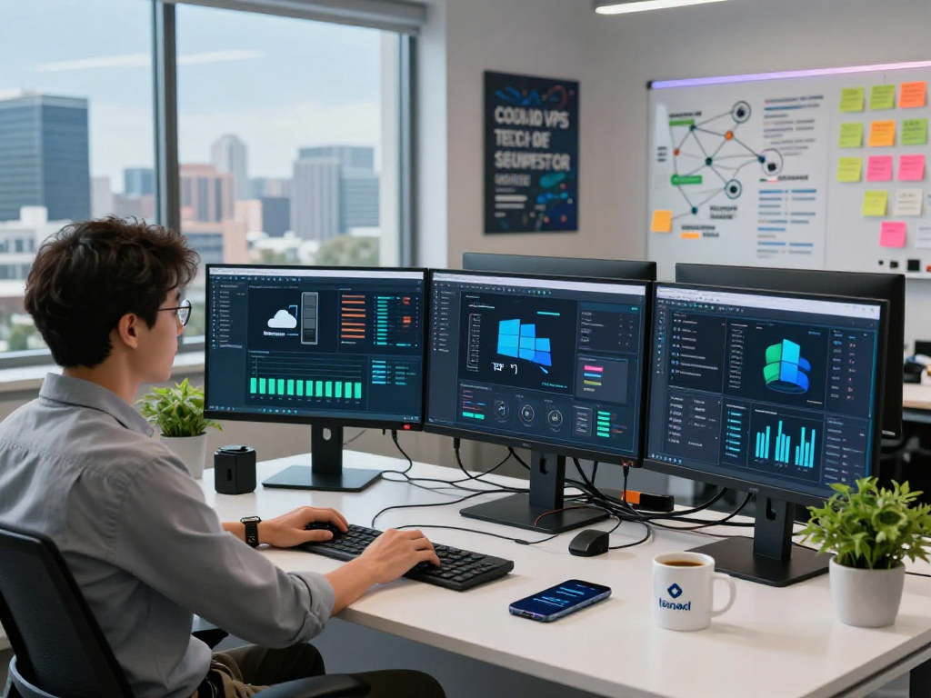 IT professional managing servidores vps windows in a modern tech workspace, showcasing a dynamic and innovative environment.