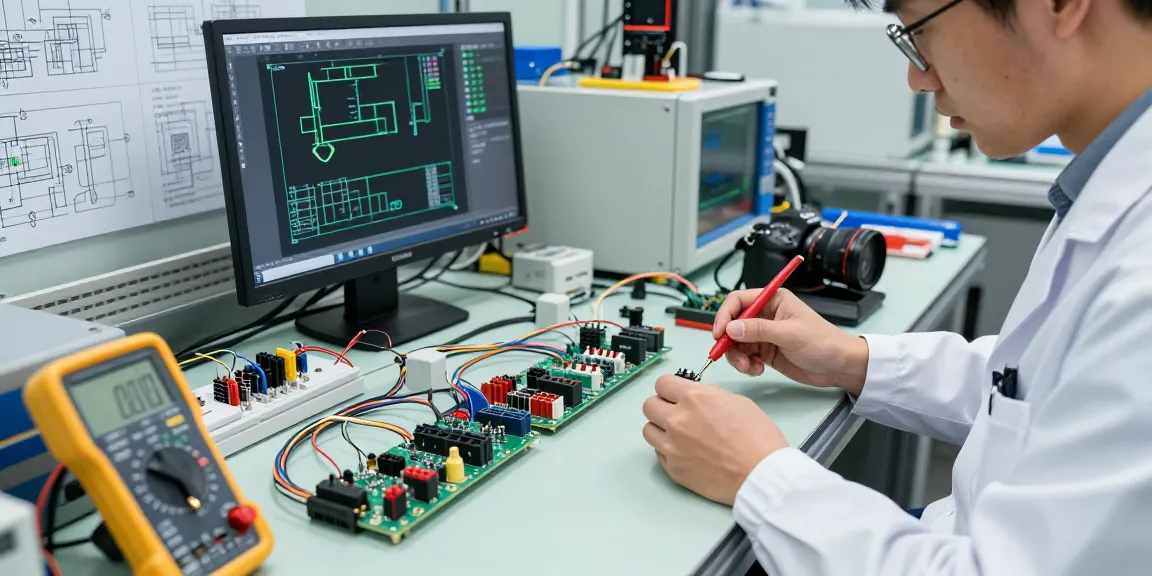 Engineer inspecting wire connectors terminals on assembly table in electronics workspace