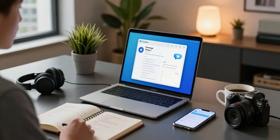 Active user on Telegram中文 messaging platform in a modern workspace with ambient lighting.