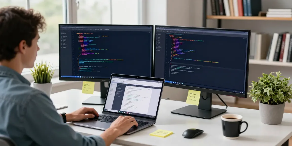 Developer using Notepad++ at a modern workspace filled with coding resources.
