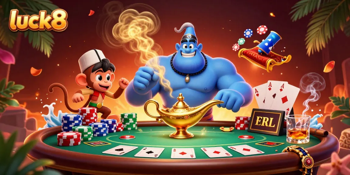 Capture the excitement of luck8 with a dynamic casino scene featuring a genie and poker elements swirling together.