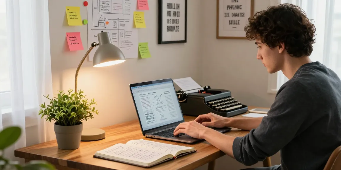 Cozy home office scene showcasing quality and authority blogs being crafted with creativity and focus.