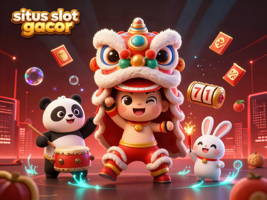 Experience situs slot gacor excitement through vibrant 3D art with slot reels, lion dance, and cultural elements.