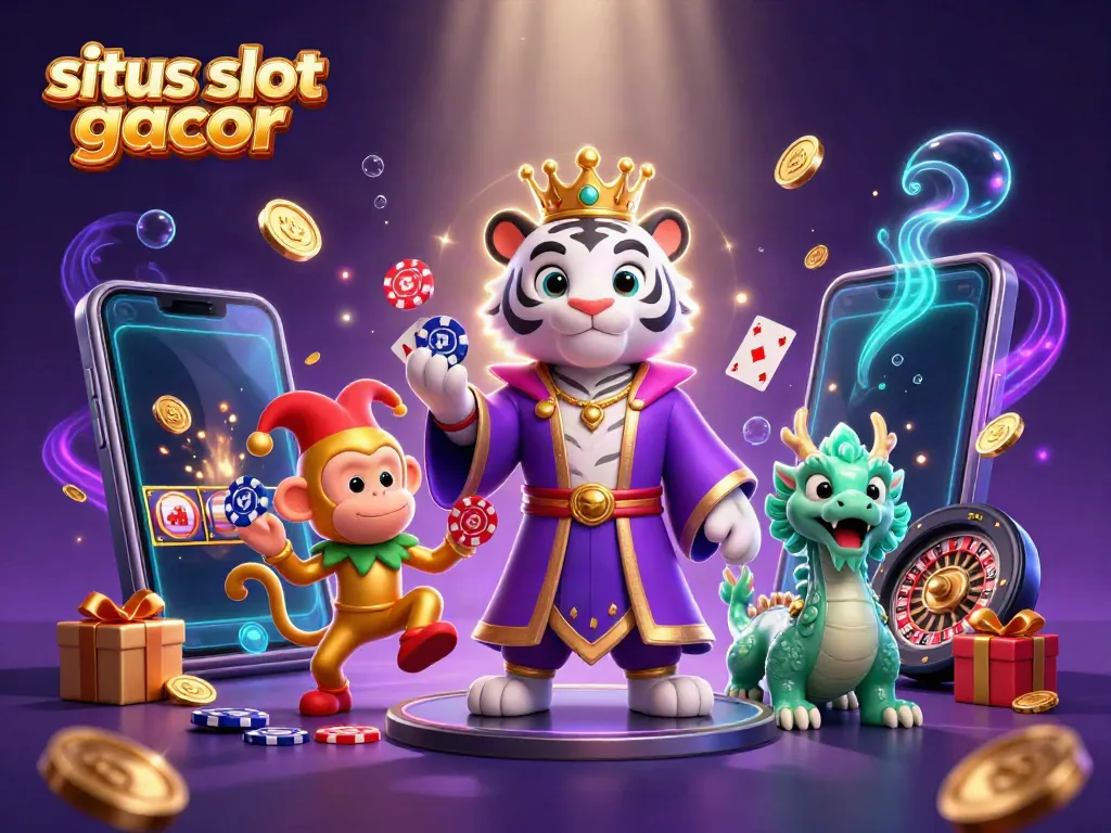 Mengalami keseruan situs slot gacor dalam ilustrasi 3D menampilkan harimau putih kartun dan unsur permainan kasino.