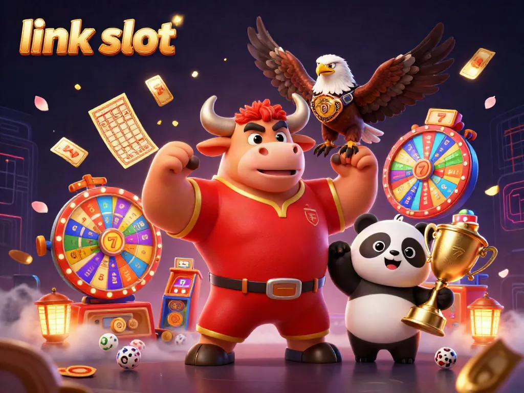 Permainan slot gacor di link slot dengan simbol mesin, tiket emas, dan judul kemenangan di gambar penuh warna.
