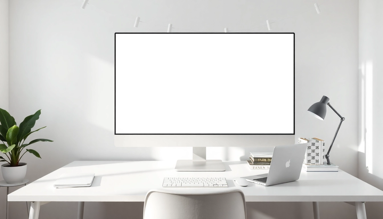 Clean home office with tela branca on screen for better focus and lighting