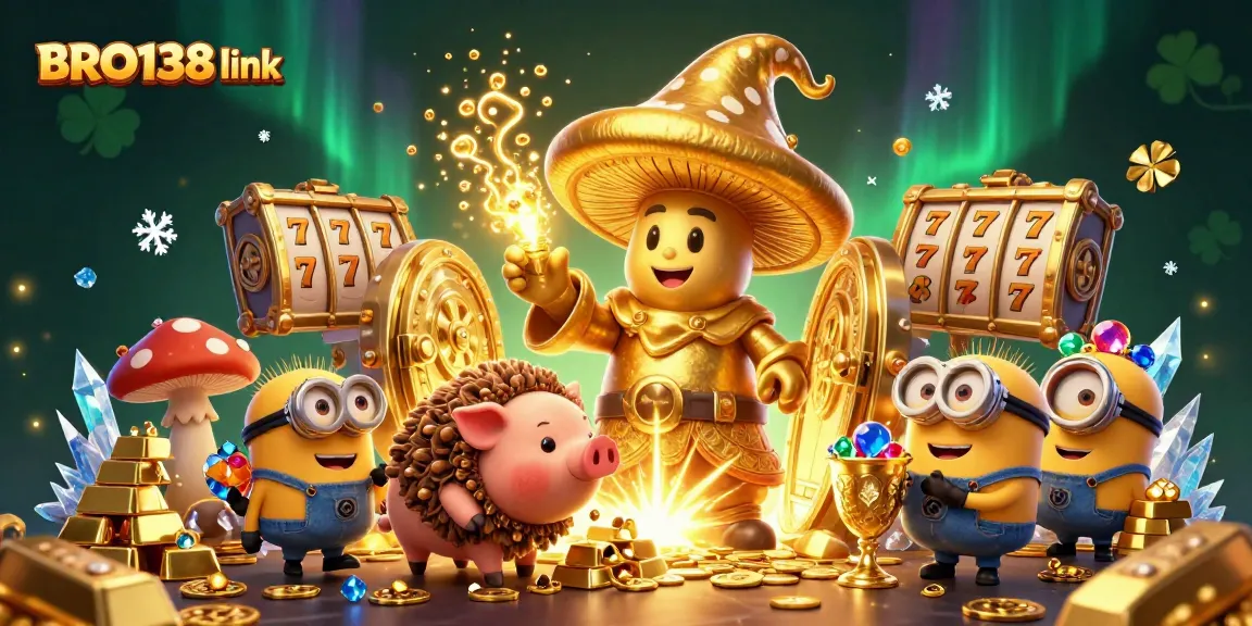 Experience the magic of BRO138 link with a whimsical golden mushroom wizard and treasure-filled slots.