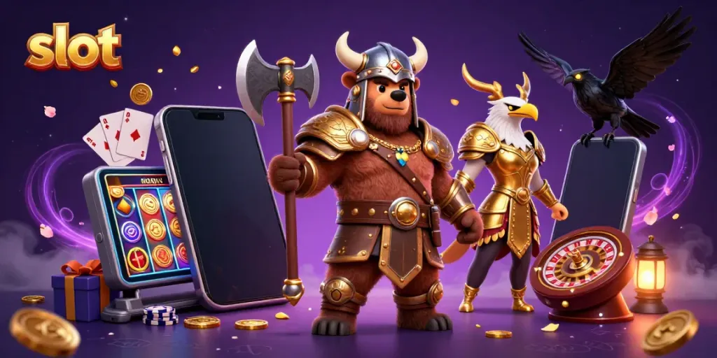 Bear Viking dan Valkyrie eagle bermain slot, menampilkan semua elemen permainan dan kemeriahan kasino.