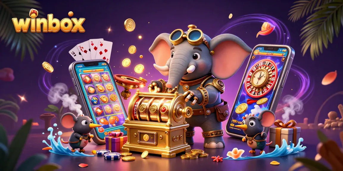 winbox encourages excitement with a steampunk elephant at a vibrant slot machine, surrounded by rewards