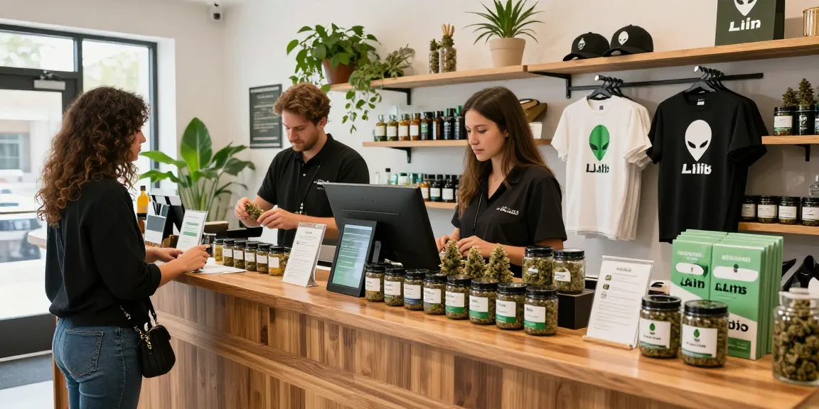 Explore premium alien labs strain selection in a vibrant cannabis dispensary.