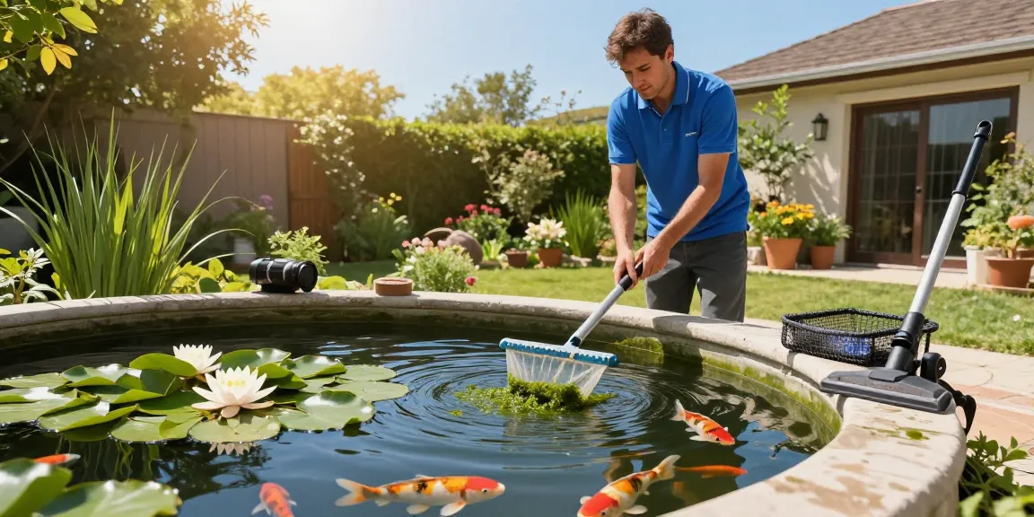 Pond cleaning guy removing algae from a beautiful garden pond surrounded by water lilies.