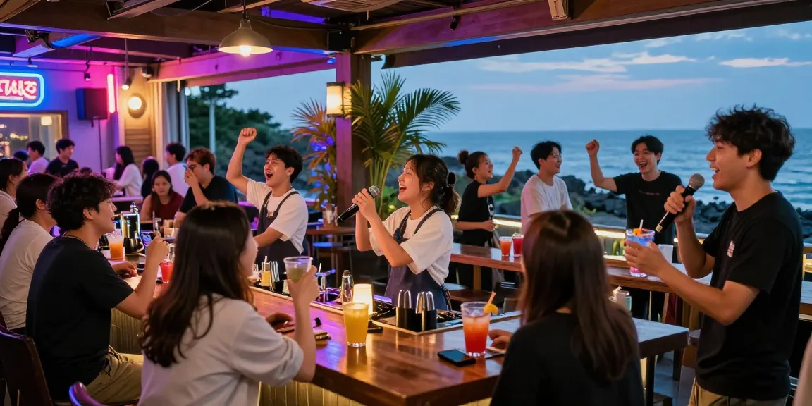 Jeju Island nightlife showcasing 제주도유흥 in lively karaoke bar atmosphere.