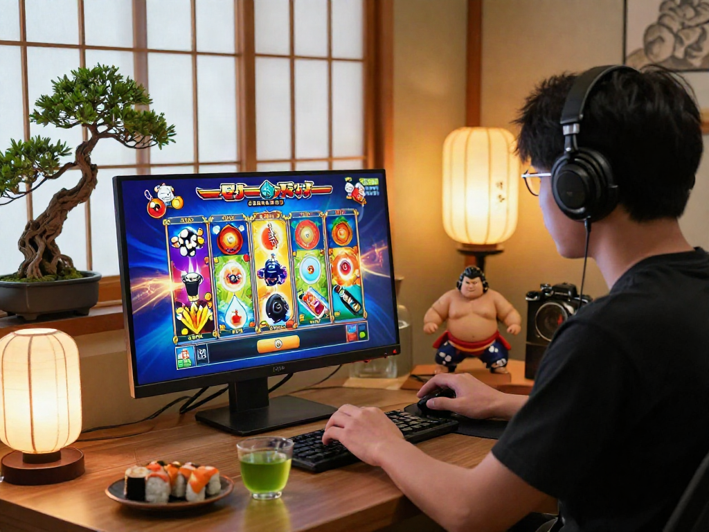 Gamer enjoying slot jepang with vibrant graphics and Japanese decor