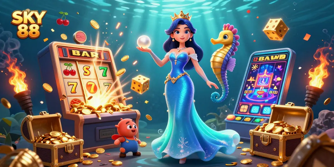 Win big at SKY 88 with vibrant underwater casino scene featuring exciting slot machines, treasure, and characters.