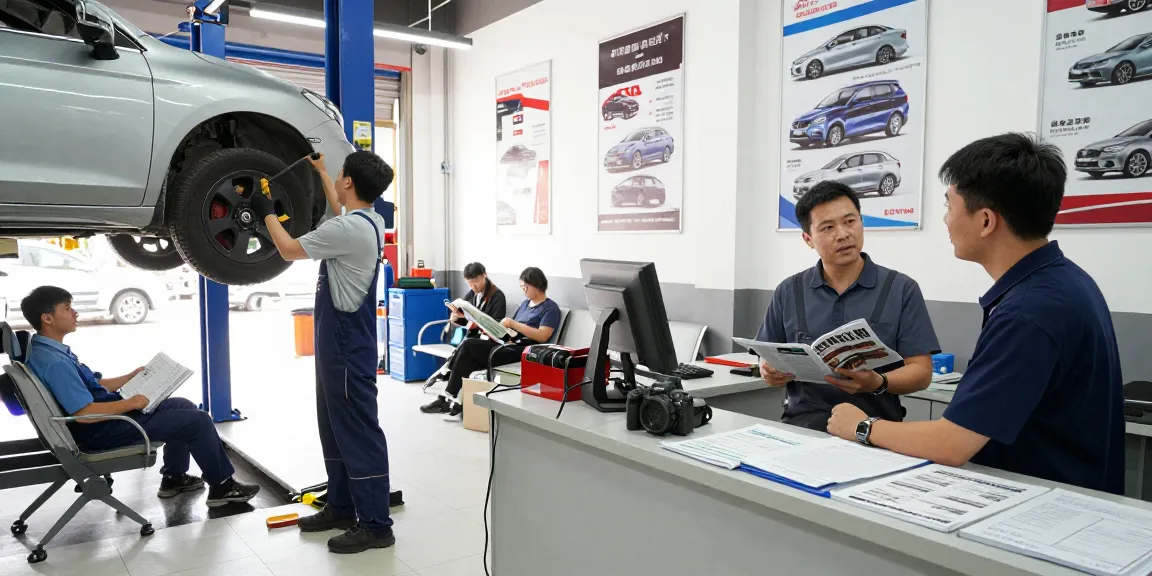 Find auto repair services in a busy automotive service center, showcasing skilled mechanics and customer interaction.
