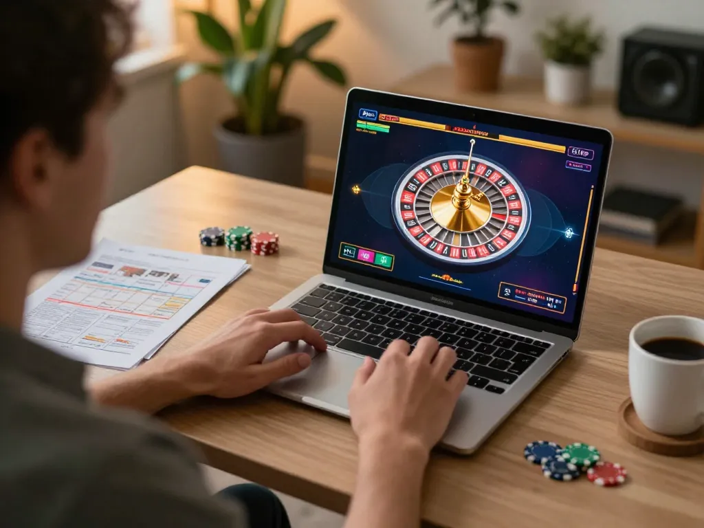 Engaging in online gambling at situs gacor with live roulette gameplay on laptop in a cozy home office