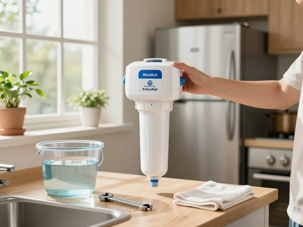 Replacing the Maxblue EDR1RXD1 Replacement for Everydrop® Filter 1 in a bright kitchen.