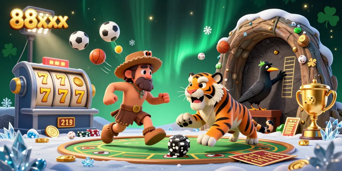 Engage in thrilling gameplay at 88xx casino with 3D characters amidst slot reels and jackpot counters.
