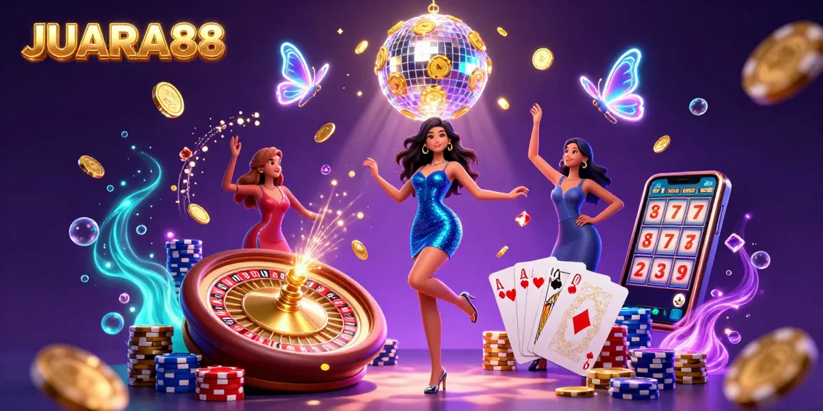 Experience the excitement of JUARA88 with a dynamic 3D casino illustration full of vibrant lights and winning symbols.