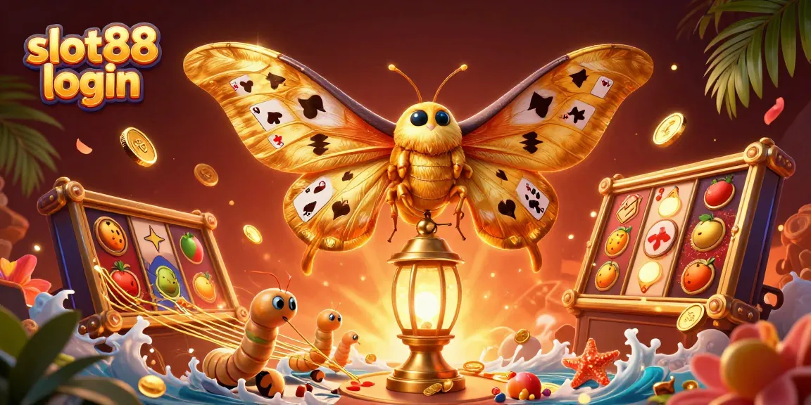 Engage with slot88 login in this vibrant scene featuring a 3D atlas moth and casino elements.