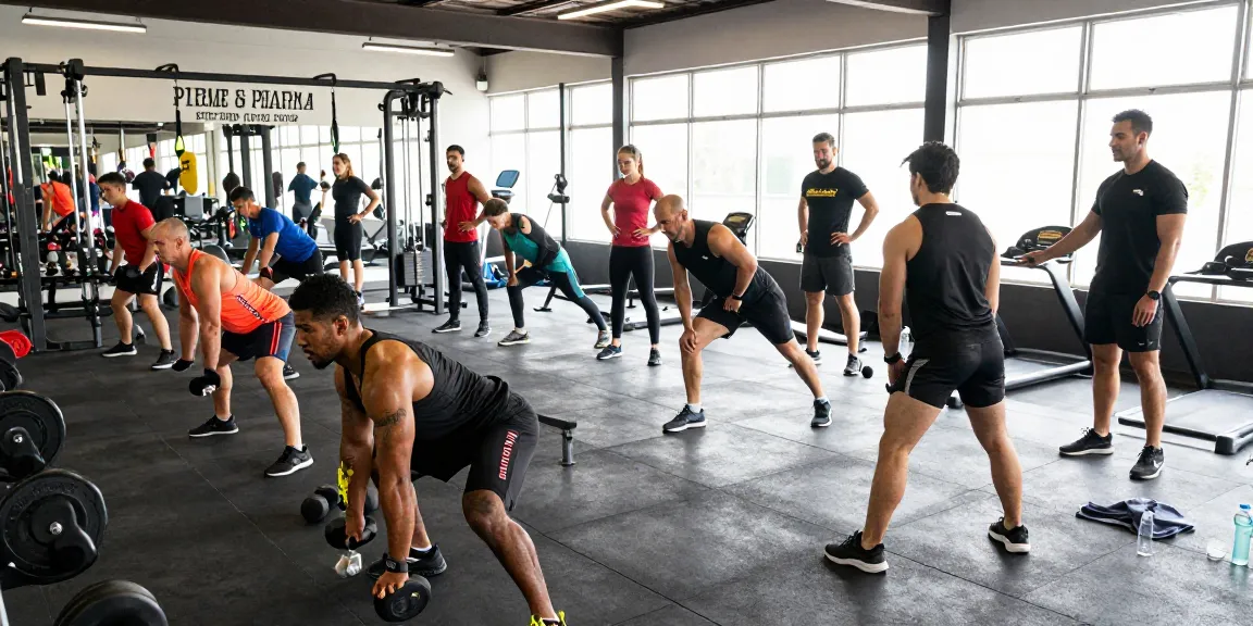 Official Prime Pharma Steroid Shop gym scene with diverse athletes training in an energetic fitness environment.