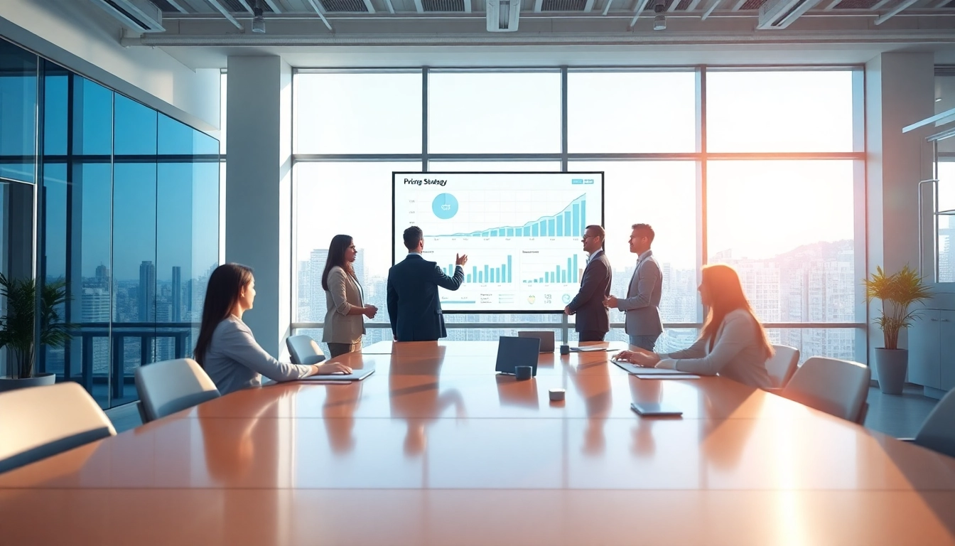 Analyze competitor pricing strategies in a vibrant business meeting setting.