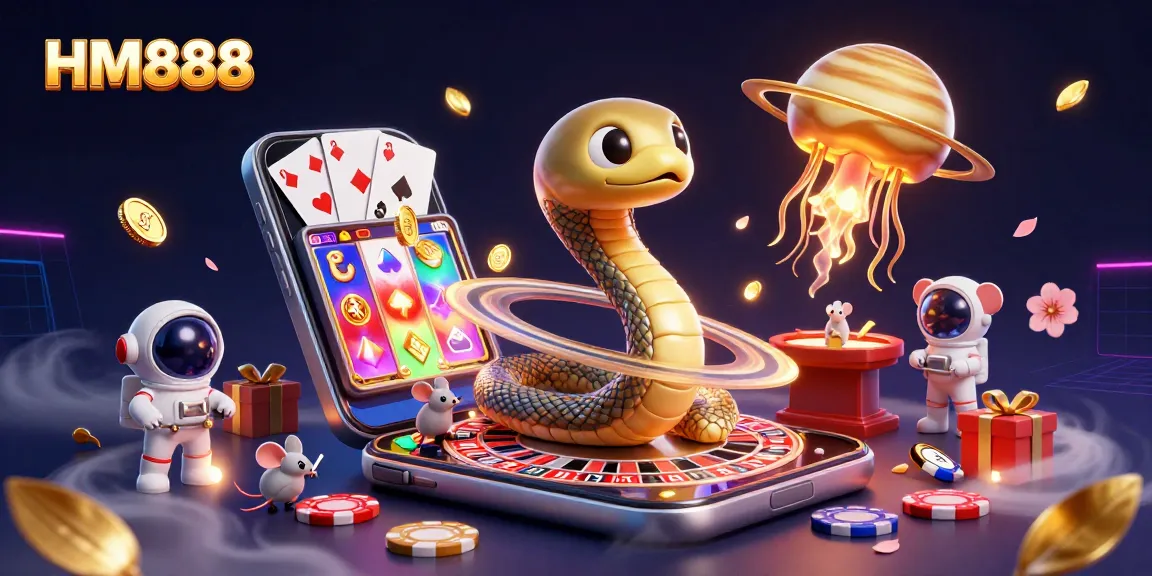 Experience thrilling casino gaming action with HM888, featuring dynamic gambling elements and colorful characters.