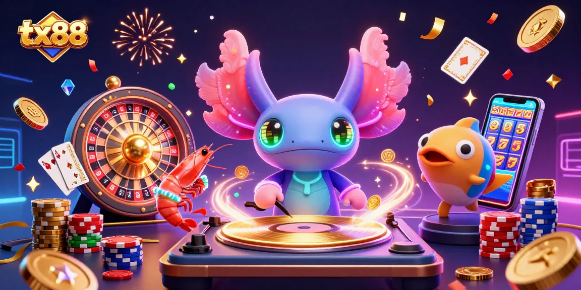 tx88 showcases a vibrant casino scene with an axolotl DJ and playful marine characters celebrating wins.