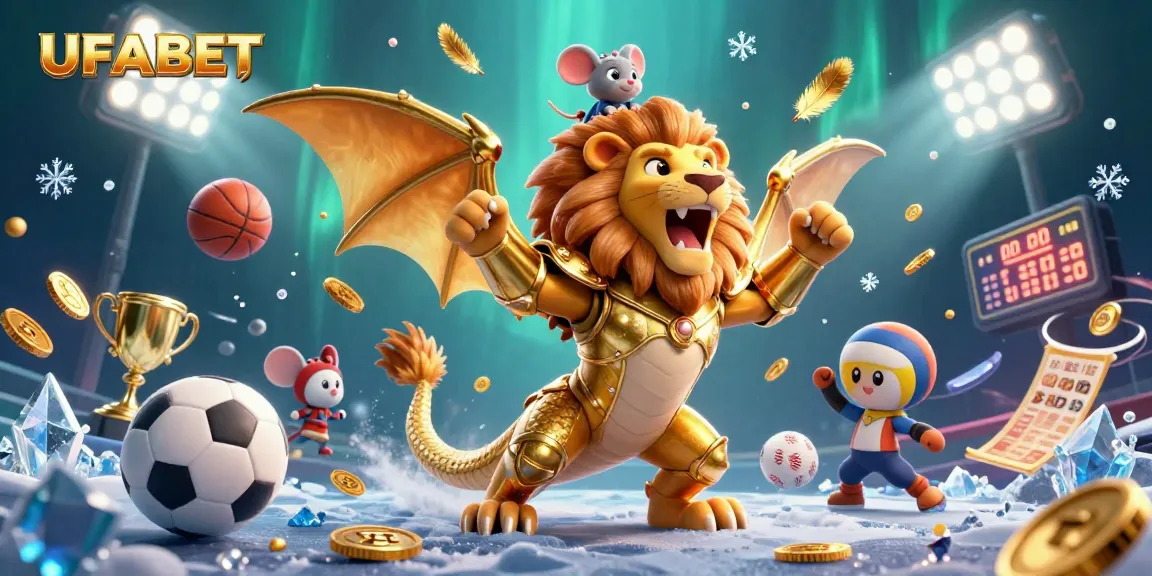 Win big with UFABET in this action-packed casino illustration featuring vibrant sports elements and a heroic character.