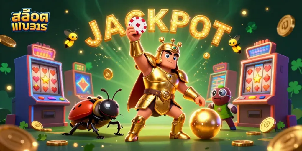 Experience สล็อตทดลอง with an illustrated scene showcasing a victorious beetle in armor among slot machines and gold.
