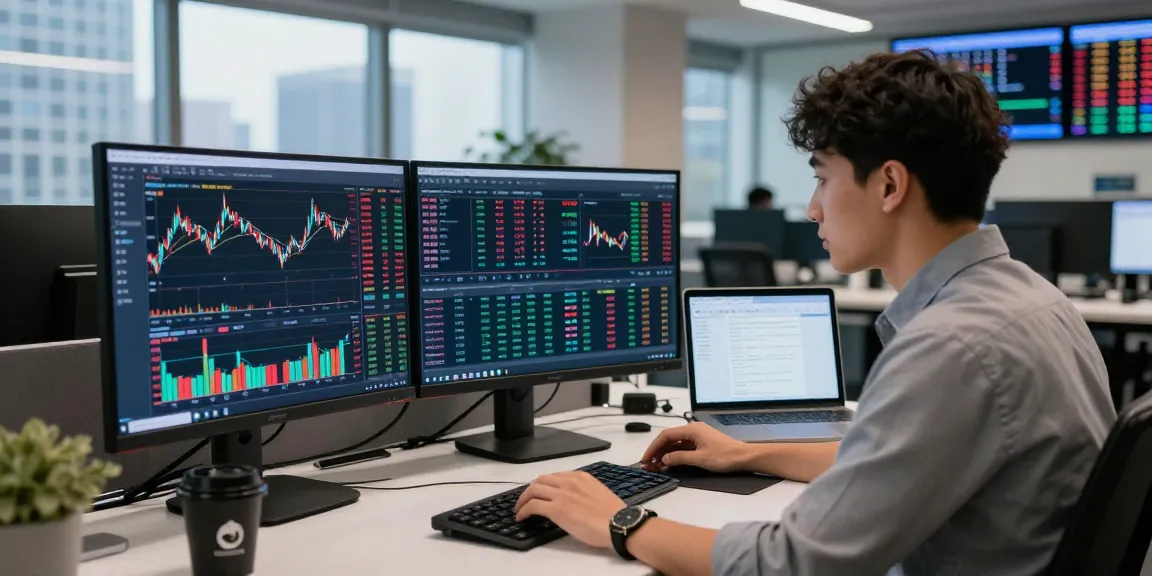 The Nasdaq stock data feed displayed on a data analyst's monitors in a modern office.