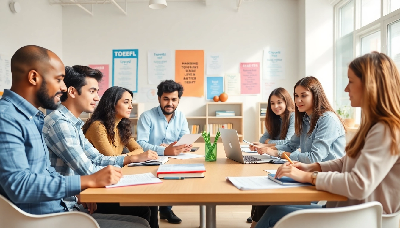 TOEFL test takers for hire collaborating in a bright study room.