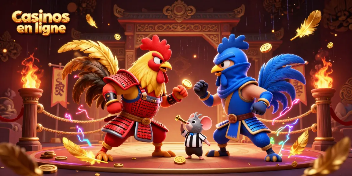 Découvrez une action palpitante dans les casinos en ligne avec une illustration numérique dynamique de coqs samouraïs et ninjas.