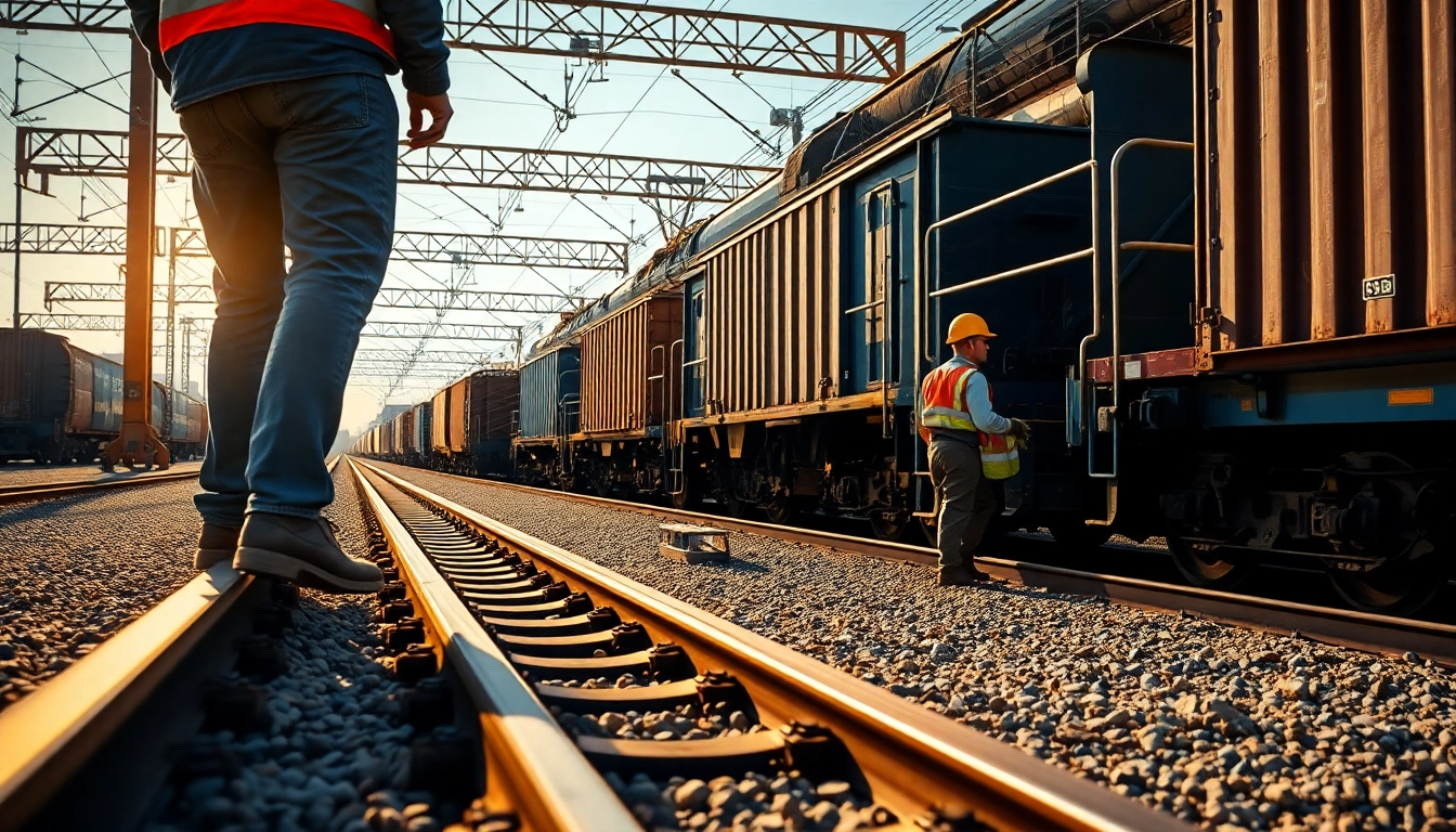 Railway company worker inspecting tracks in a vibrant freight yard, demonstrating diligence and efficiency.