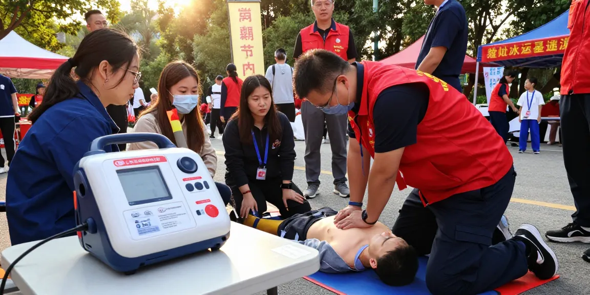 AED心臟去顫器 being used in an emergency scene with CPR being performed outdoors, showcasing the importance of immediate medical response.