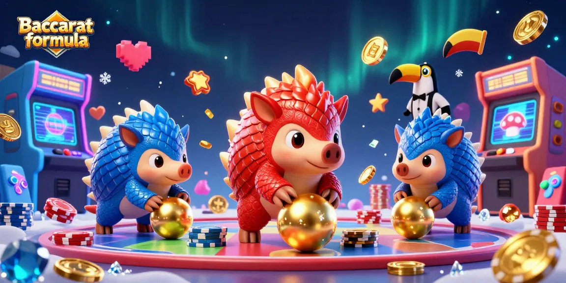 Baccarat formula illustrated by rival pangolins in a casino setting, bowling through poker chips and arcade machines.