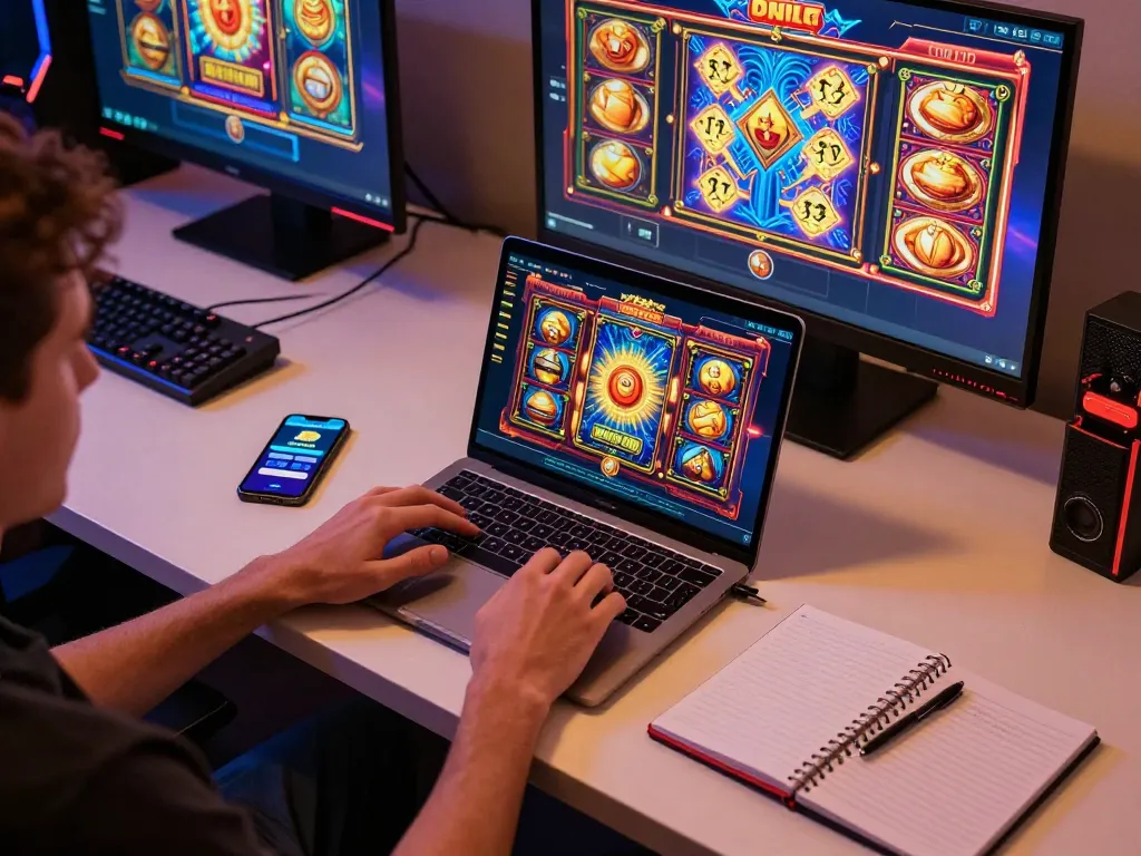 Engaging in online slot gaming with depo 10k setup, showcasing colorful graphics and responsible strategies.