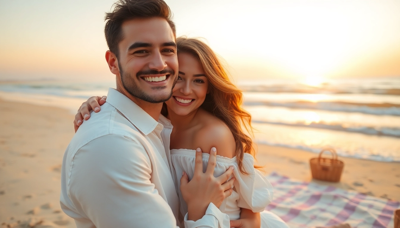 Couple enjoying light & airy photography on a beach at sunset, embracing with joyful expressions.