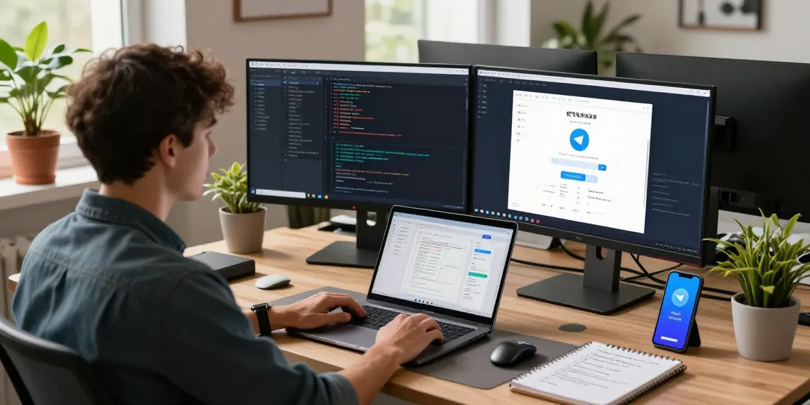 Developer in a modern workspace coding the 纸飞机中文版 app with dual monitors and tech gadgets.