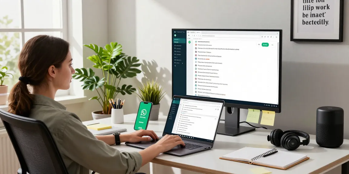 Professional using WhatsApp電腦版 on a laptop and monitor in a bright home office.
