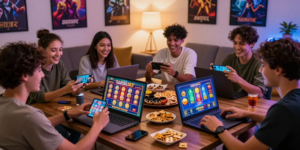 Players enjoying GARUDA303 slot games in a cozy living room atmosphere, vibrant graphics and social interaction.