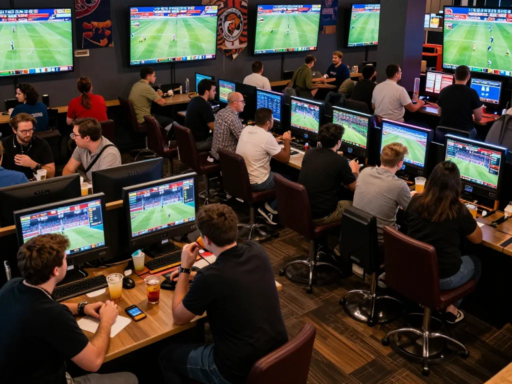 Excited fans engaged in sports betting at F8beta2 ink lounge, focusing on live events.