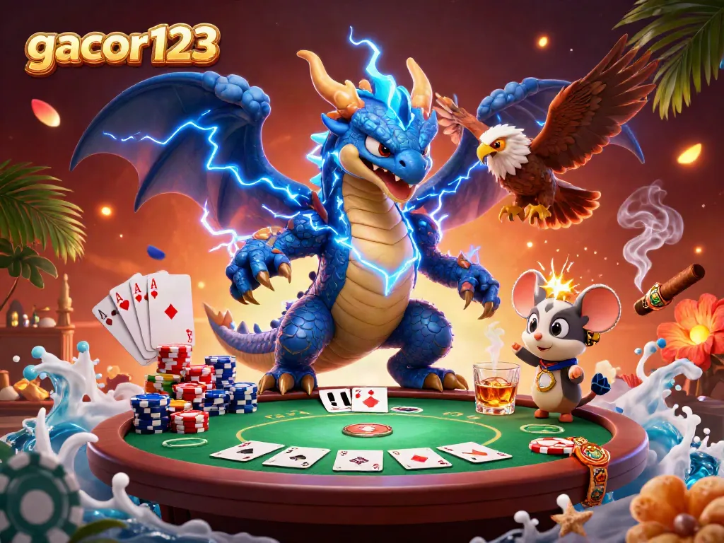 Experience gacor123's vibrant casino adventure with dynamic poker elements and mythical characters.