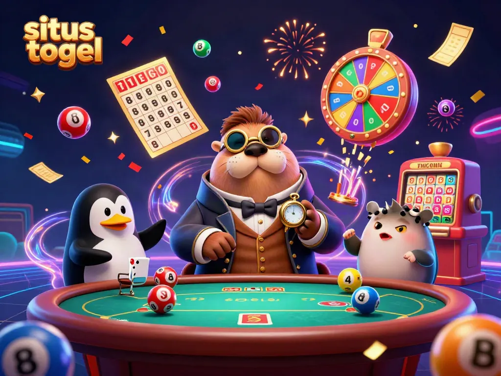Engage with situs togel lottery excitement in a vibrant underwater poker scene with animated characters and casino elements.
