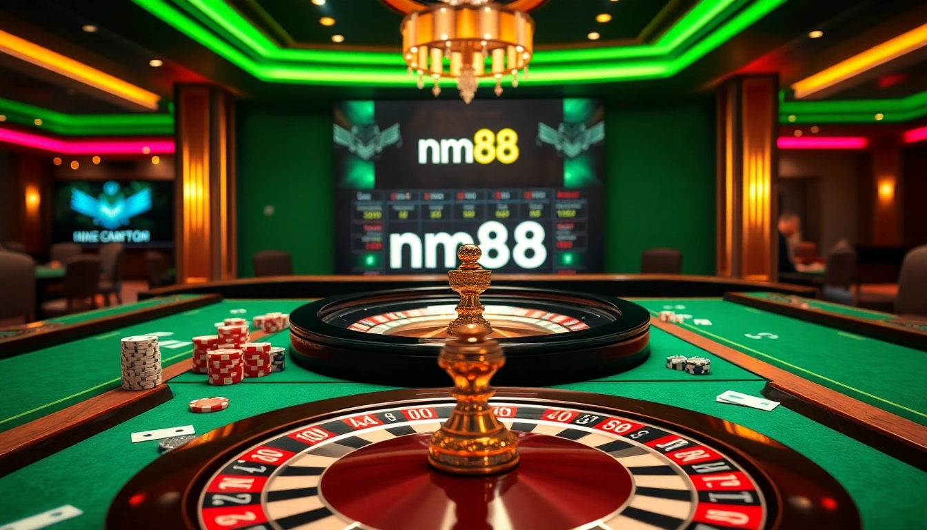 Experience high-stakes excitement at mm88 com casino with vibrant poker tables and roulette wheels.