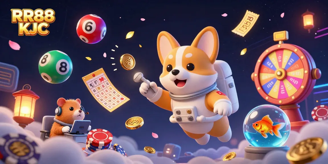 Experience the vibrant universe of RR88 KJC with an illustration of a corgi astronaut in a space casino, surrounded by dynamic game elements.