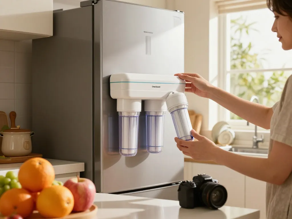 Installing the Overbest DA29-00020B Refrigerator Water Filter in a modern kitchen, promoting clean water.
