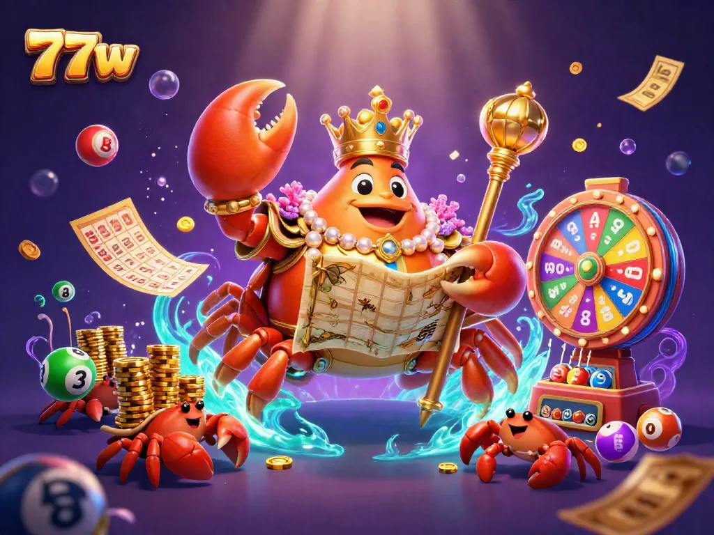 Engage in thrilling gameplay with 77w as the golden crab emperor presides over dynamic lottery elements, showcasing vibrant winning moments.