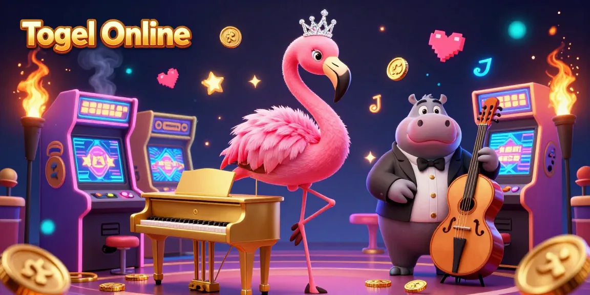 Togel Online invites you to experience vibrant 3D casino gaming excitement filled with flamingo and hippo musicians.